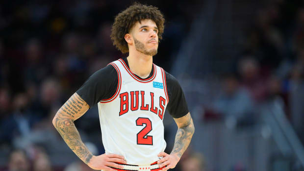 Bulls guard Lonzo Ball (2) reacts in the third quarter against the Cavaliers at Rocket Mortgage FieldHouse.